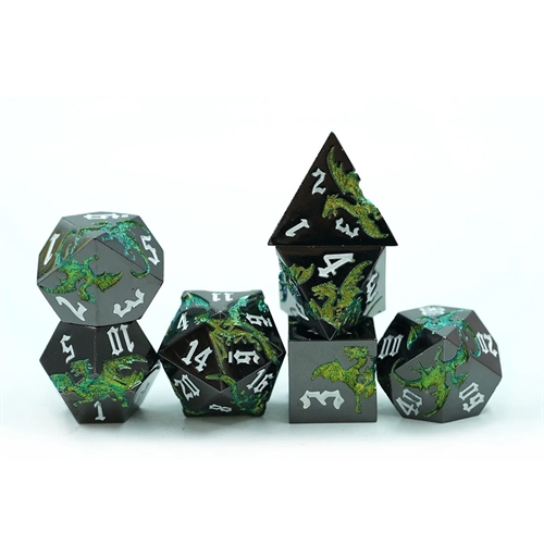 Metal Dragon Blank Black with Green Dragon - Metal RPG Dice - Epic Dwarf Dice